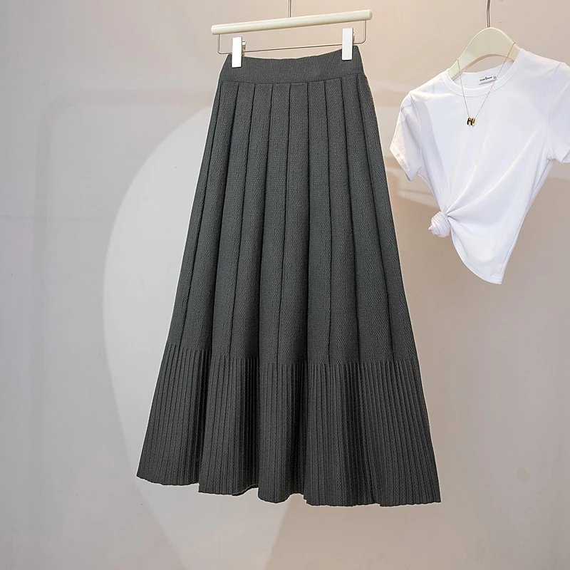 Casual High Waist Loose Knit Full Length Pleated Skirt Korean Fashion Streetwear Basics Autumn Winter Plus Size Elastic Clothing