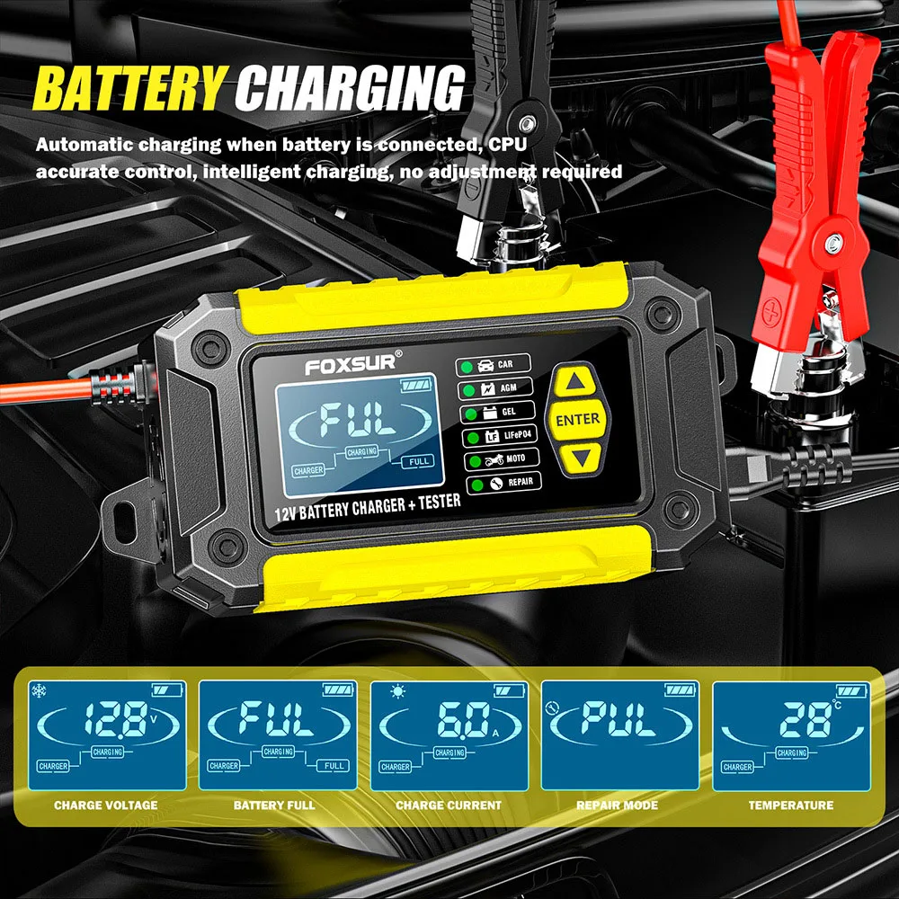 Probador de batería de reparación de pulso, cargadores de batería de coche, enchufe europeo para baterías de plomo-ácido AMG LifePo4, entrada de 100V/240V, 12V, 6A, 90W