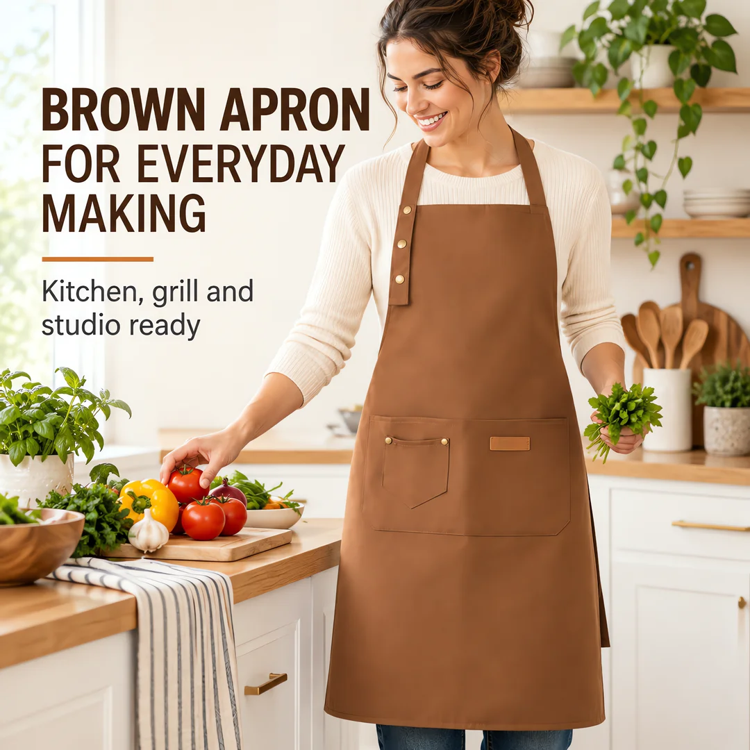 Brown Poly-Cotton Bib Apron with 2 Front Pockets and Brass Rivet Detail, 29 x 26 in Kitchen, BBQ, Barista and Floral Work Apron