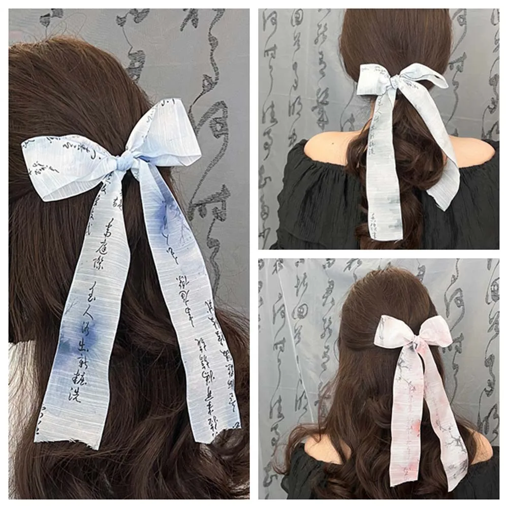 Cloth Chinese Style Ribbon Hair Clip Headwear Headdress Antique Ink Bow Hairpin Duckbill Clip Antique Ink Mountain Paint