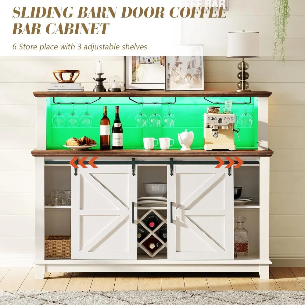 Buffet Buffet avec rangement, armoire de Bar à vin et café de ferme de 55 pouces avec lumière LED, armoire de rangement pour portes de grange pour la maison