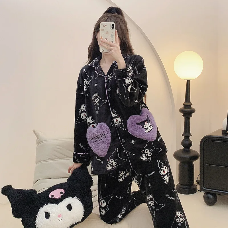 

Anime Kuromi Winter Couple Plush Pajama Set Cartoon Hello Kitty Coral Velvet Men Women Sleepwear Cute Large Size Warm Homewear