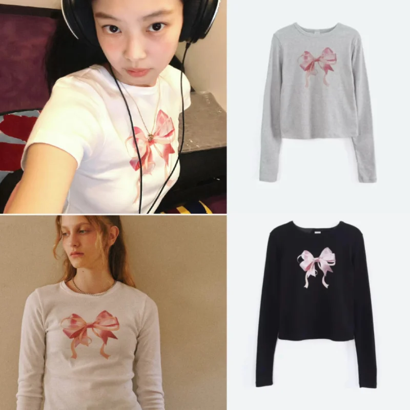 「LUXURY BRAND」South korea  Jennie Peixiu Zhi Same Ron Bow Base T-shirt Slim fit Cute Pure Desire Long sleeve