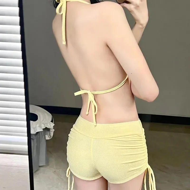 Women Yellow Three Piece Swimsuit Printed Sheer White Sunproof Pullover Fashion Tie Up Ruffled Bikini Swimsuit Set