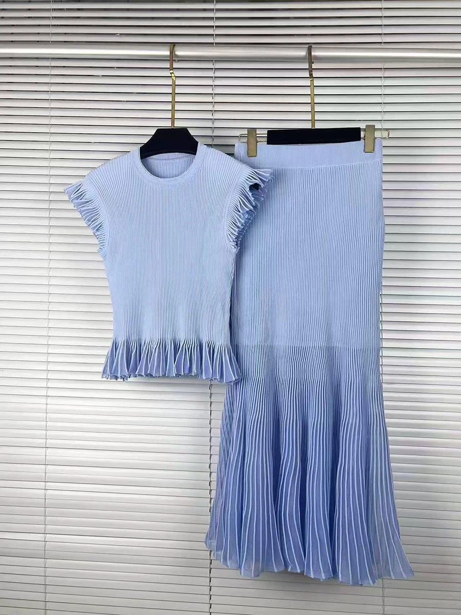 VGH Ribbed Knit Two Piece for Women Round Neck Ruffle Cap Sleeve Sheer Pleated Midi Skirt for Soft Tone Birthday Banquet Outfit view 3