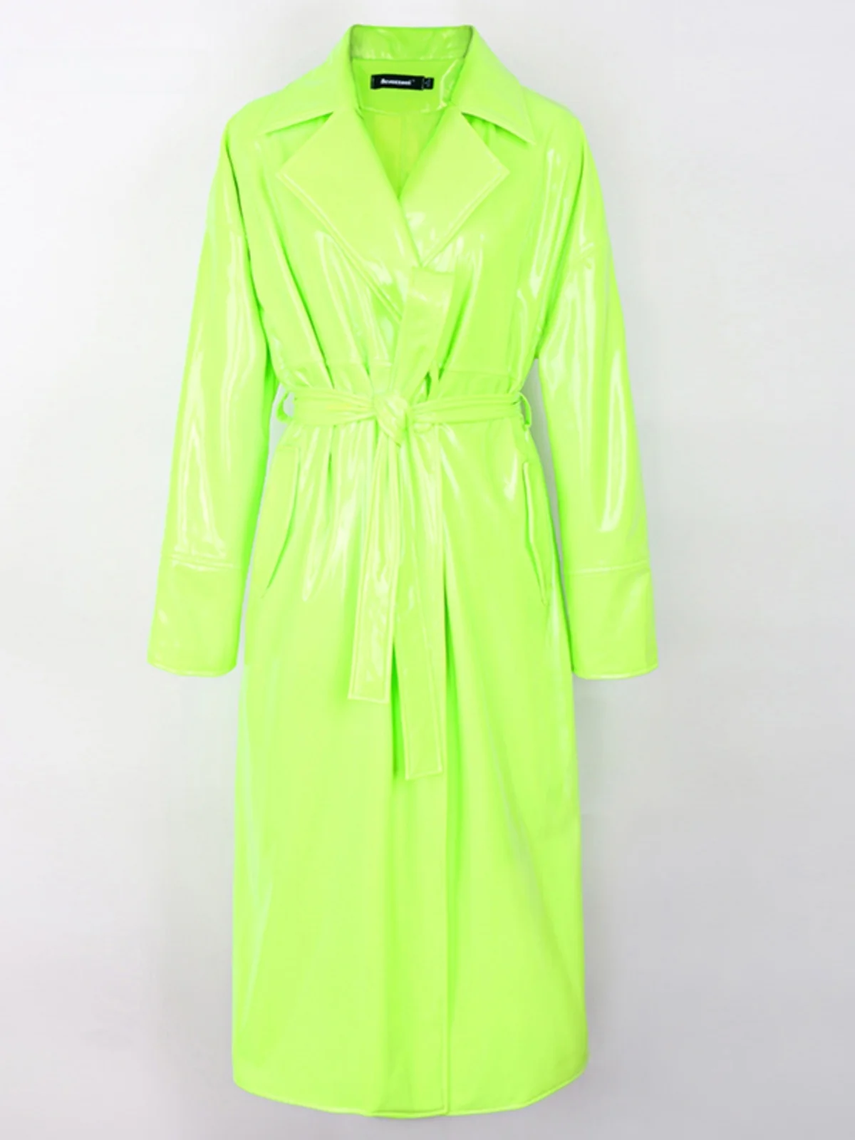 

Nerazzurri Green Glossy Paint Leather Long Loose Women's Fashion Street Style PU Leather Jacket High Shine Straight Cut Design