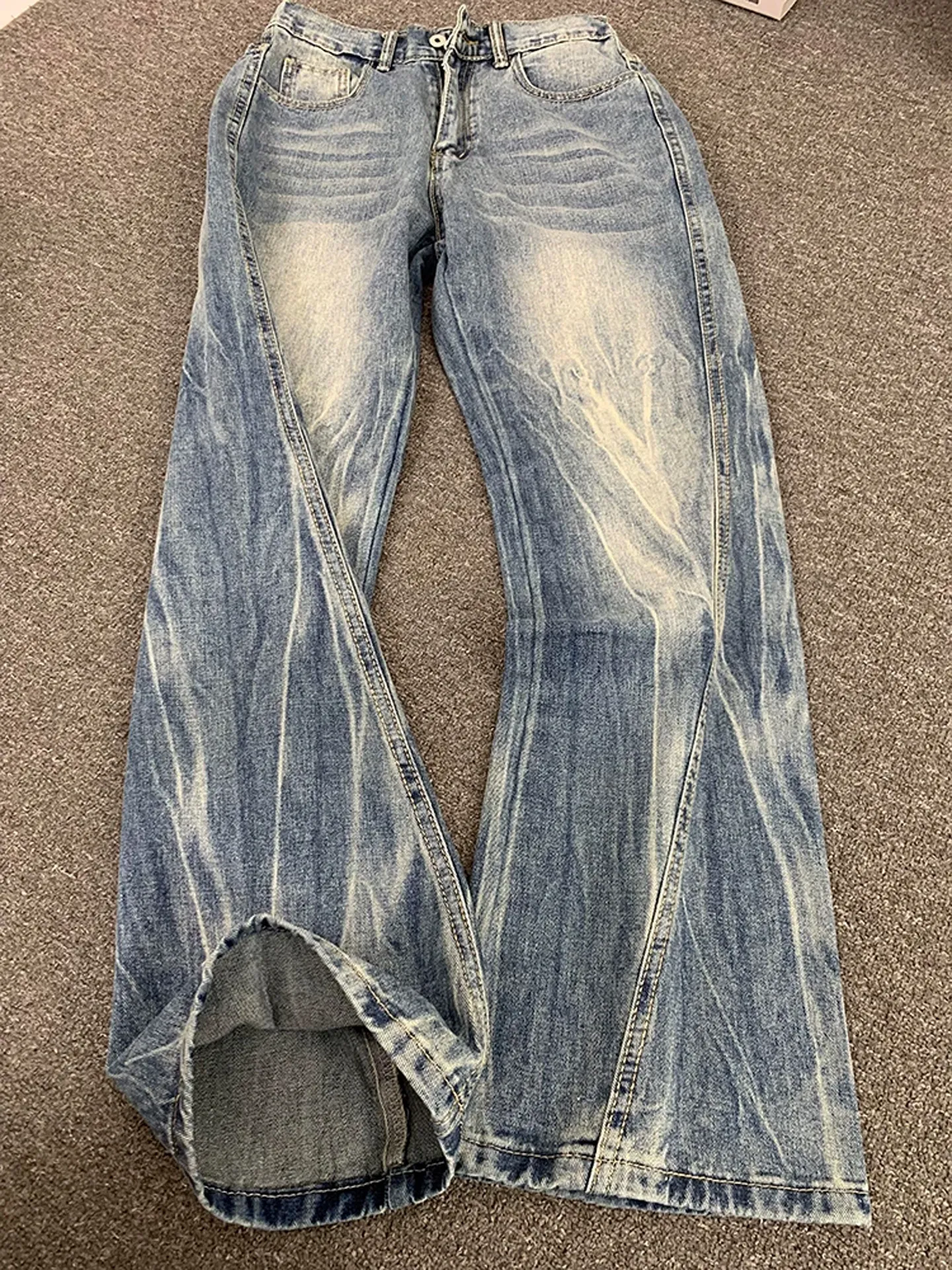 

Spring Vintage Slim Fit Jeans High Street Lightning Pattern Fce Lined Curved Blade Flared Pants for Men Casual Wear