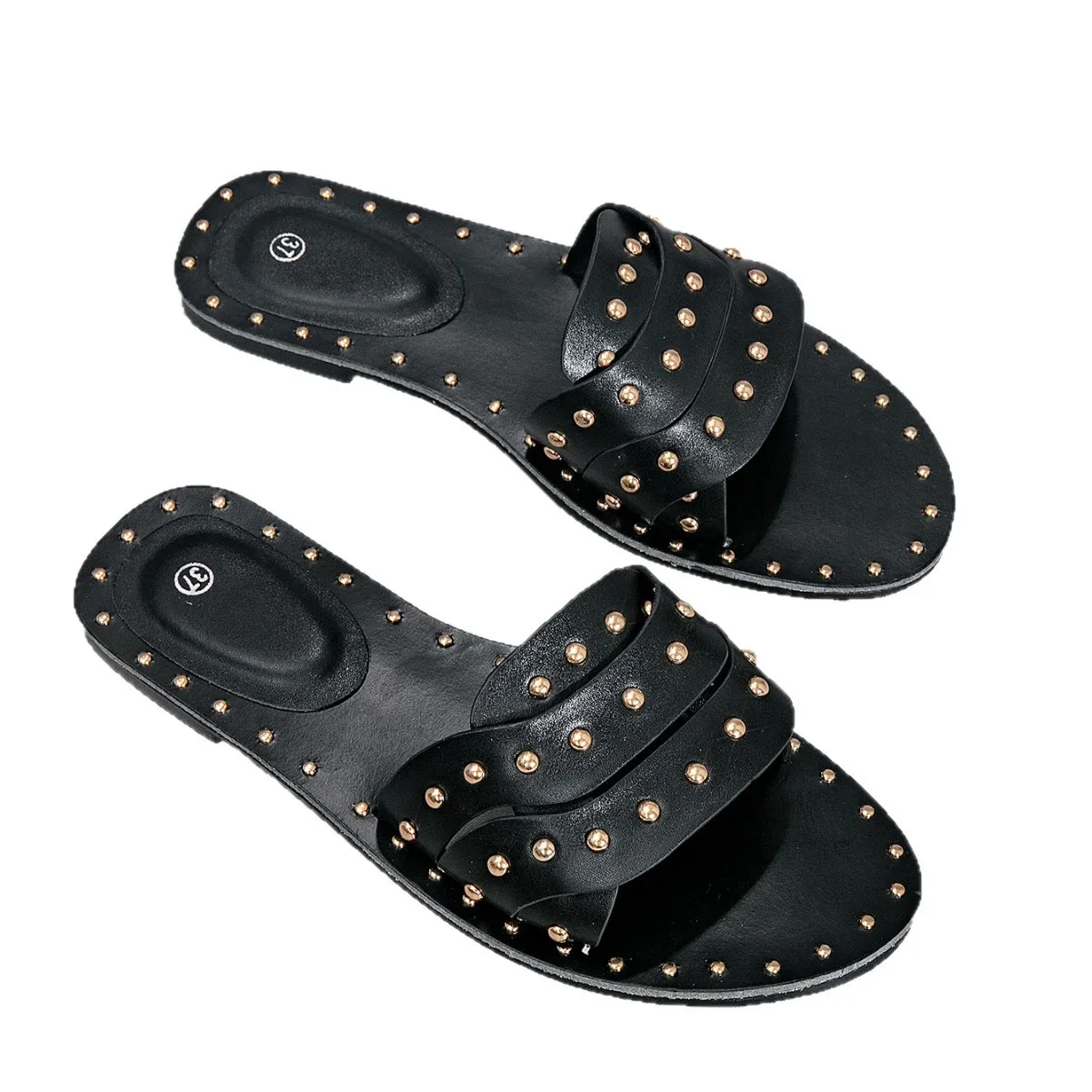 Women's Summer New Wear Rivet Flat Slippers Plus Size Non-slip Beach Holiday Flat Slippers with New Rivet Shoulder Wrist Bag - view 3