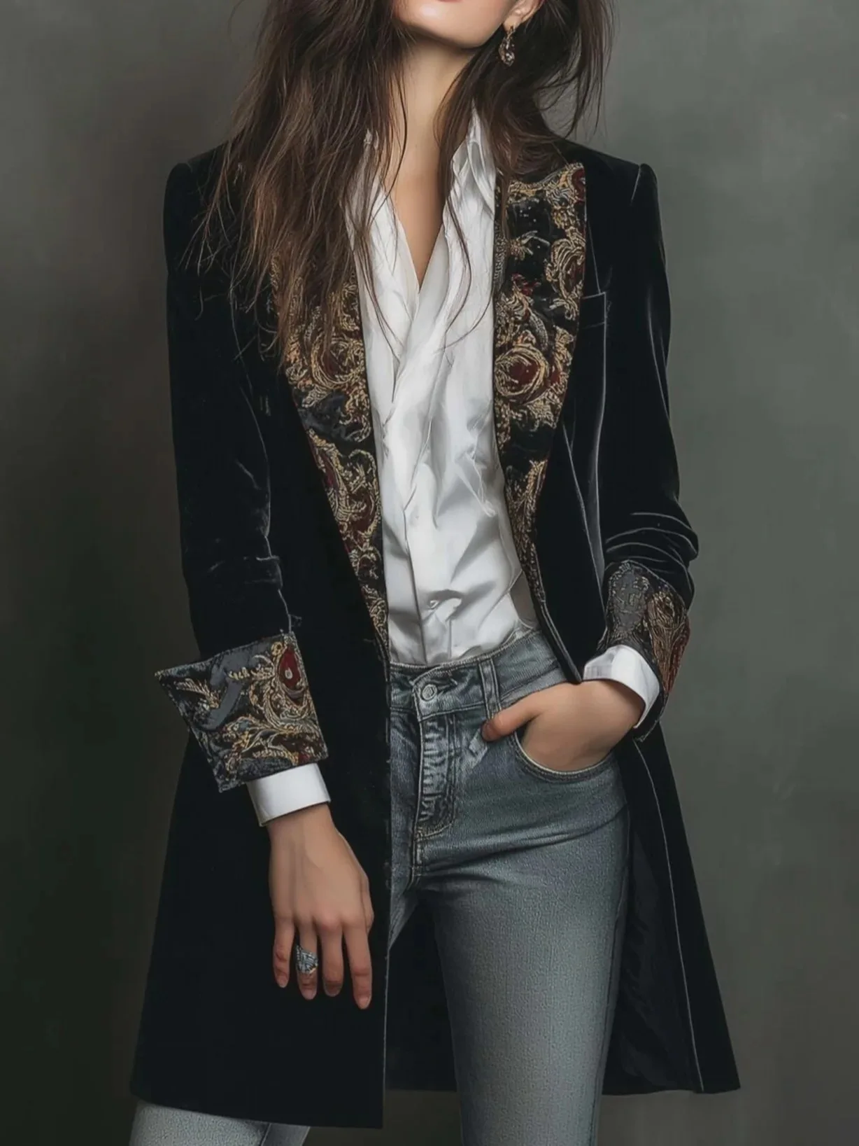 Vintage Vintage Women Velvet Blazer Jacket Mid Length Embroidery Floral Lapel Patchwork Long Sleeve Slim Elegant Casual Party Suit Coat - Aliexpress Deal