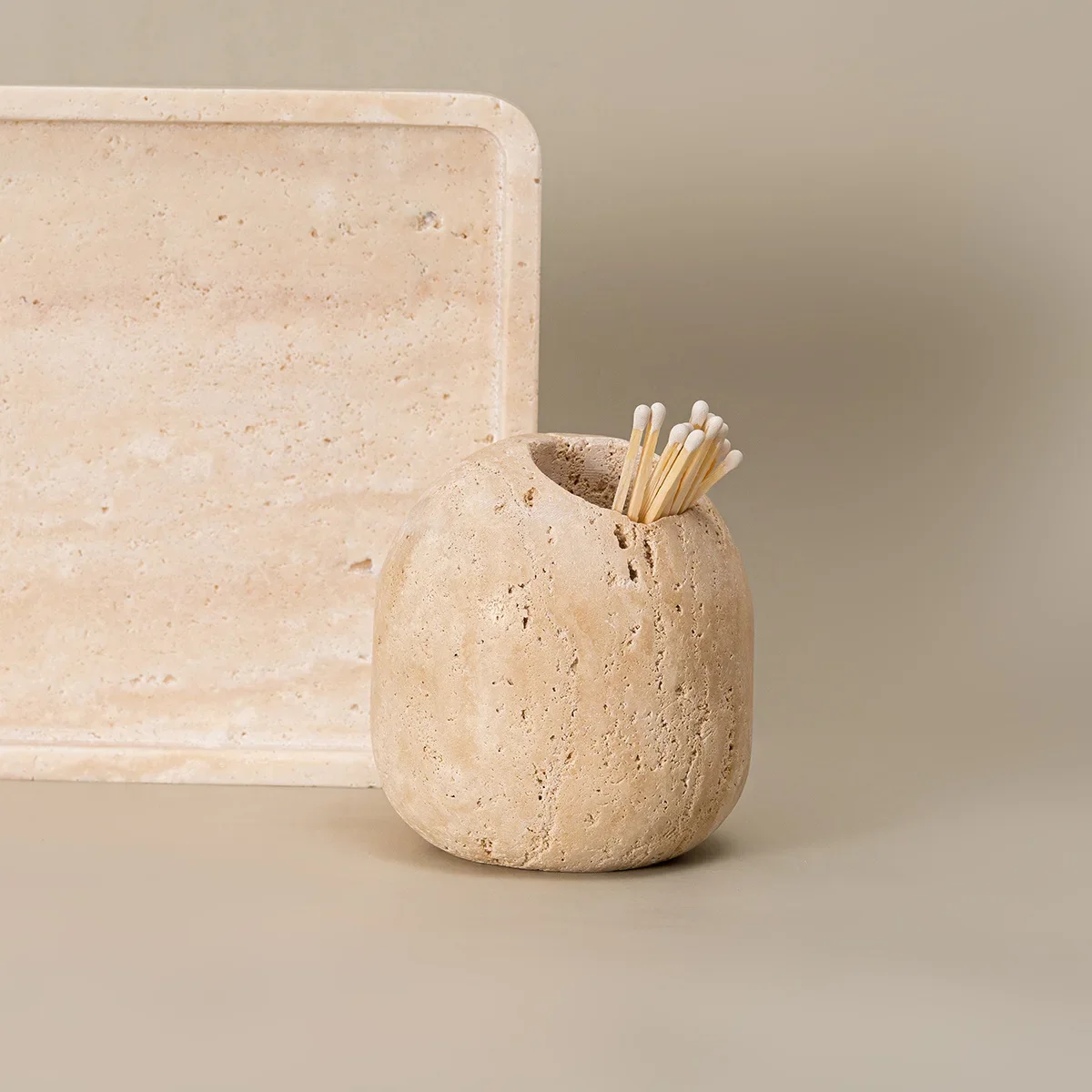 Beige Travertine Match Holder Vintage Match Jar Natural Marble Toothpick Holder Home Decor