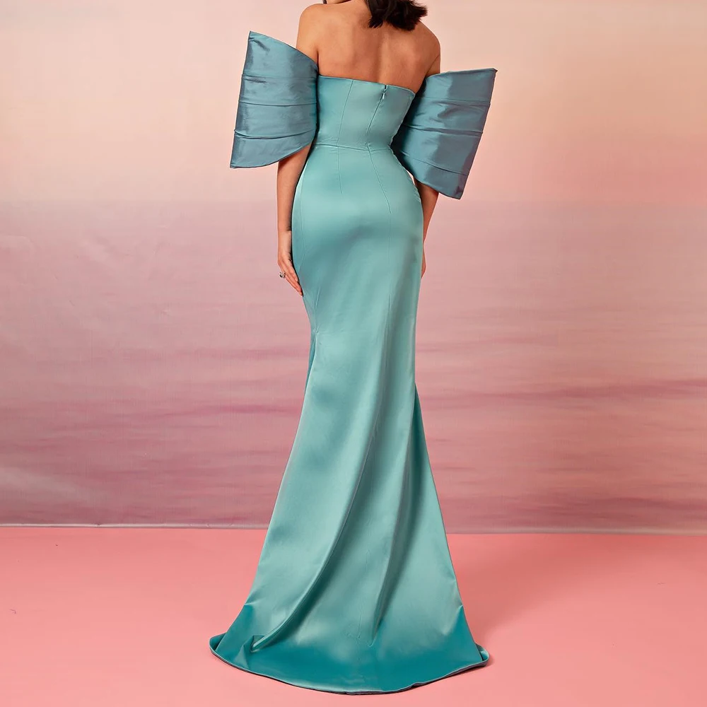 Customized Satin Mermaid Off the Shoulder Evening Dress Zipper Back Strapless Half Sleeves Floor Length Panel Train Delicate