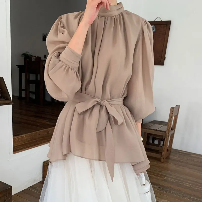 

Chic Autumn Versatile Stand Collar Belted Waist Slimming Color Lantern Sve Chiffon irt Women's Top Faionable Ele...