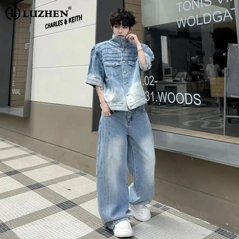 

LUZHEN 2026 Summer Gradient Washed Stripe Patchwork Short Sleeve Denim Shirts Jacket Loose Straight Jeans Two-piece Sets JY6845