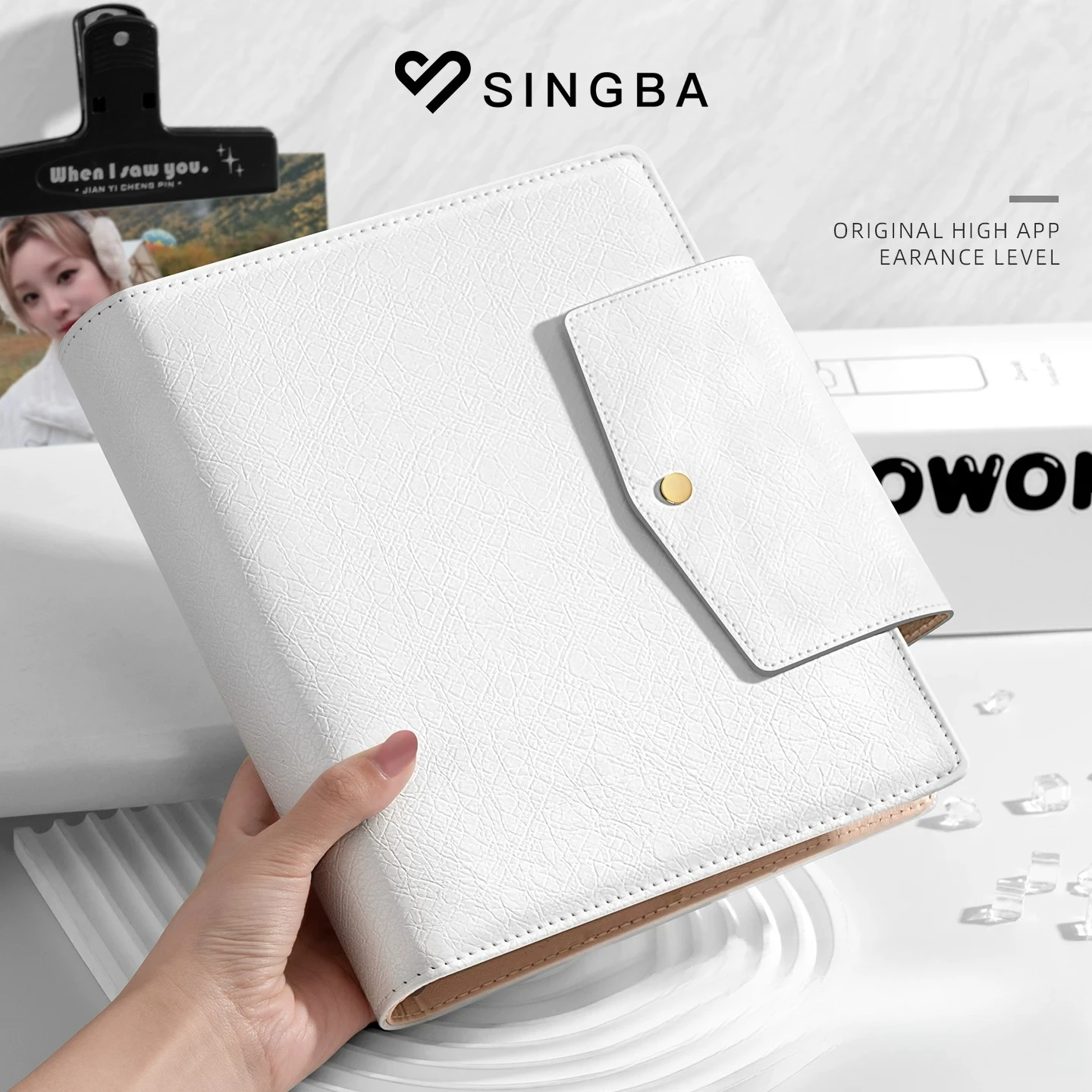 SINGBA A5 - Carpeta de Anillas Metálicas con 6 Anillas y 4 Bolsillos, Cubierta de PU para Tarjetas de 3 y 3.5 Pulgadas, Álbum para Colección de Fotos Polaroid