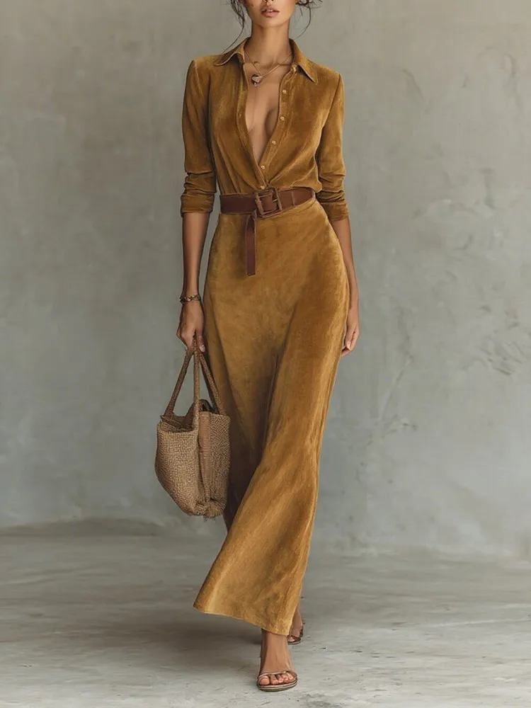 Women's Minimalist Solid Dress Fashion Belted Lapel Long Sleeves Shirts Dresses Spring Autumn Lady High Waisted Office Vestidos