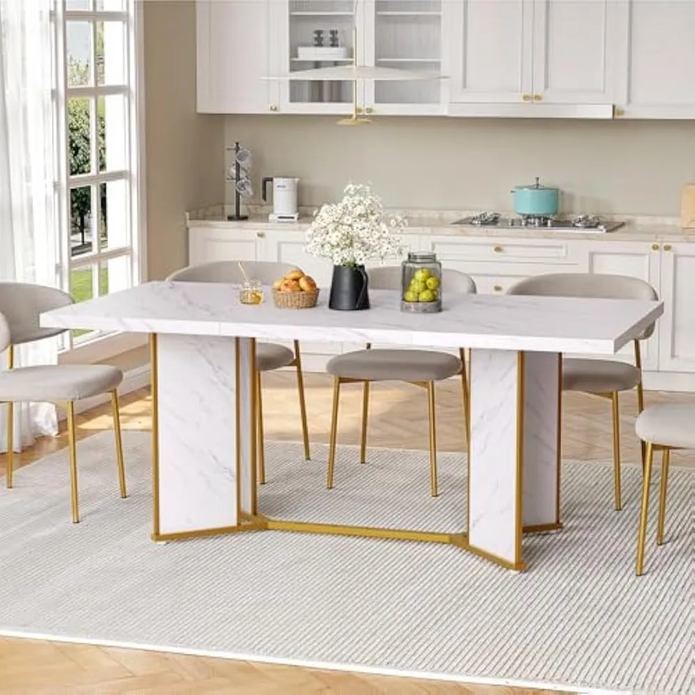 White Marble Wooden Kitchen Table Dining Room Table, Modern Dinner Table with Gold Metel Frame for Kitchen