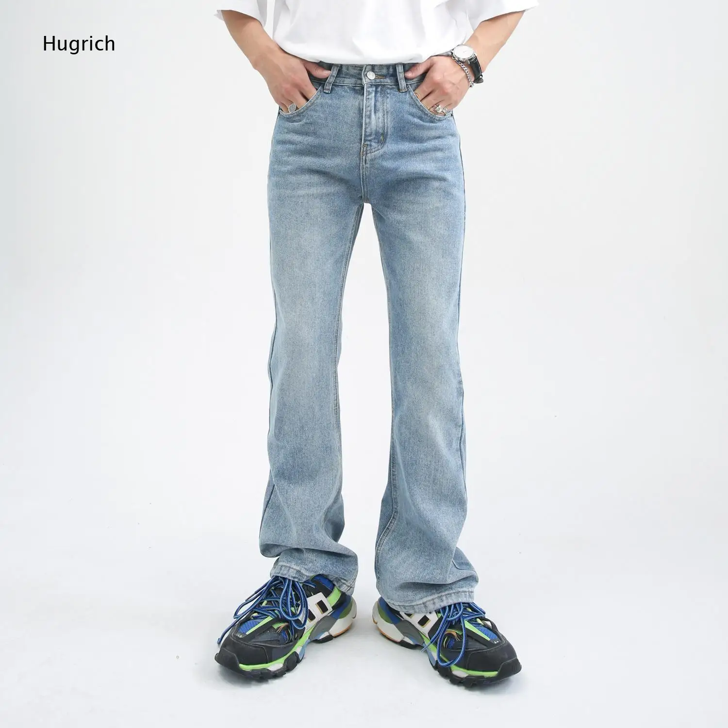 

Men Light Vintage Wash Slim Flare Jeans Classic Five Pocket Mid Rise Retro Bootcut Denim Pants