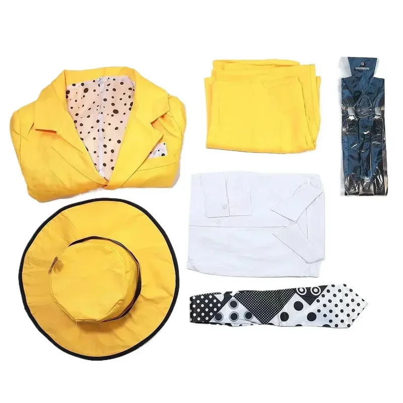 زي تنكري لفيلم القناع JimCarry زي أصفر للحفلات الكرنفالية قبعة قناع أخضر ملابس دعائم المهرج للهالوين