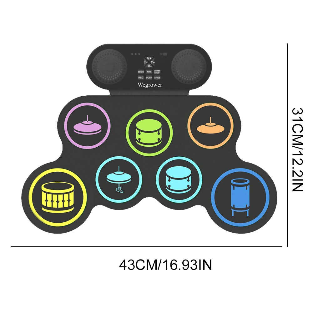 Roll-Up Drum Übungspad mit Drumsticks und Pedalen Tragbares Schlagzeug 7-Pad Elektrisches Schlagzeug BT für Kinder Weihnachten Geburtstagsgeschenk