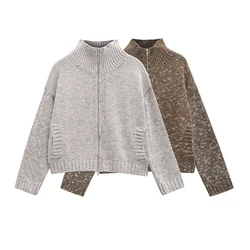 YENKYE High Street Women Autumn Winter Zipper Knit Cardigan Long Sleeve Turtleneck With Pockets Short Loose Sweater Coat