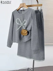 ZANZEA Holiday Women Bowtie Pullover Skirt Suit Autumn Sports 2 Piece Dress Sets Casual Loose Korean Outfits 2025 New Chic Sets