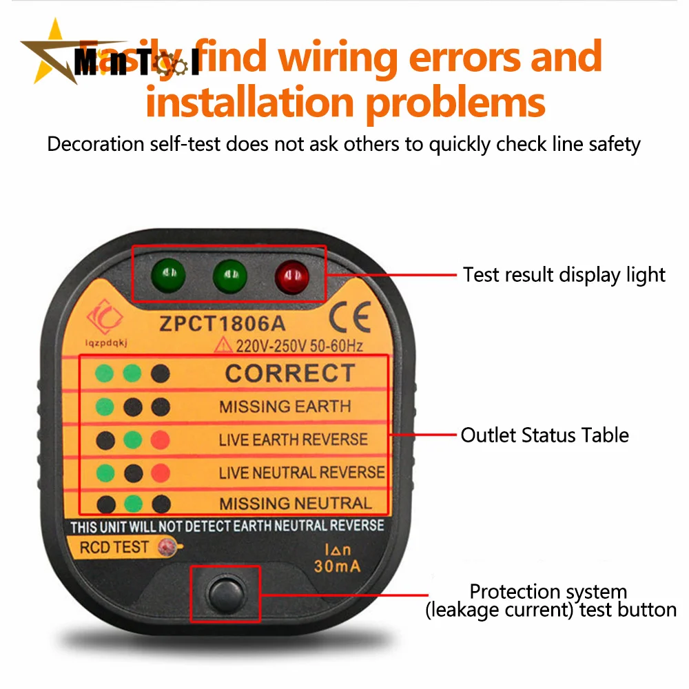 EU UK US Outlet Socket Tester Detector Circuit Polarity Voltage Plug Breaker Ground Zero Line Switch for Electtrical Tools