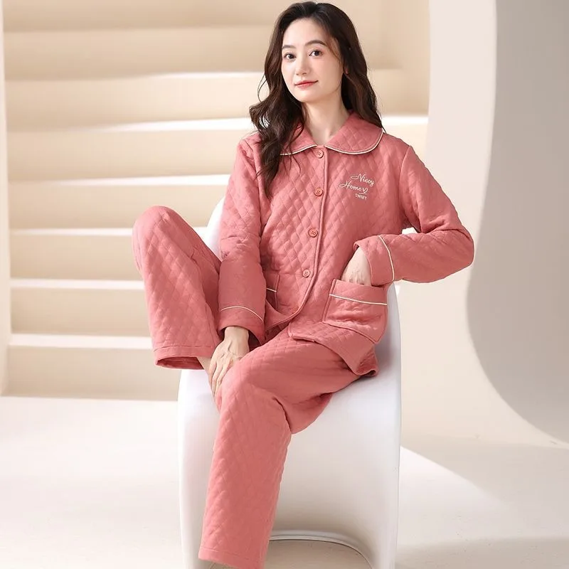 Dames Pyjama Herfst Winter Dames Katoen Lange Mouwen Casual Grote Maat Homewear Pak Air Katoen Sandwich Effen Kleur Nachtkleding