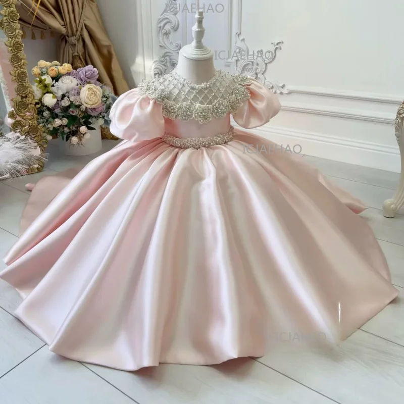 Children Pink Puff Sleeve Gown Birthday Party Banquet Elegant Gown Satin Long Full Skirt Beaded Sweep Train Girls Princess view 4