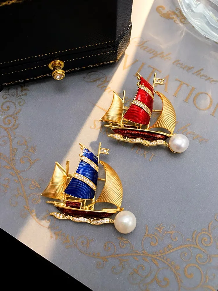 Vintage Enamel Blue Sailboat Brooches Caribbean Pirate Ship Lapel Pin For Men Women Clothing Luxury Accessories Jewelry