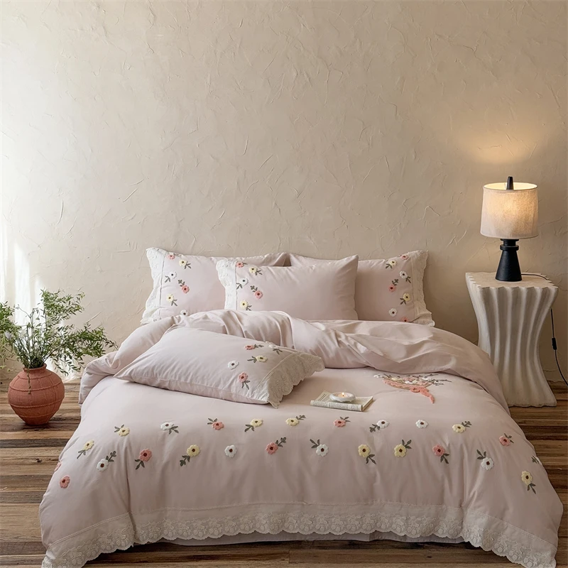 Flowers Towel Embroidery Lace Edge Bedding Set 100% Cotton Brushed Duvet Cover Set Bed Sheet/Fitted Sheet Pillowcases 4Pcs