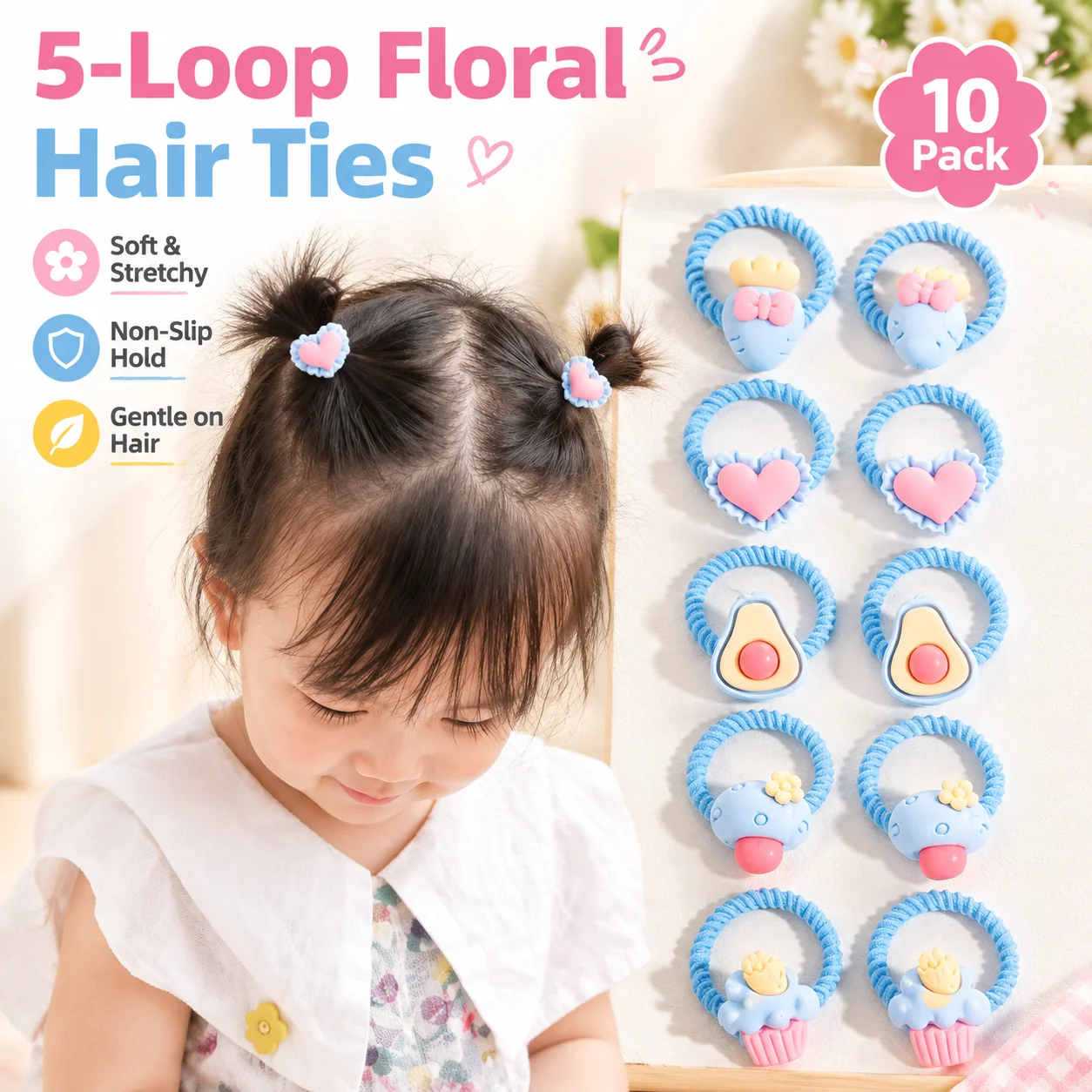 5-Loop Floral Hair Ties for Girls, 10 Pack Soft Stretch Non-Slip Ponytail Holders, Hypoallergenic No-Damage Elastics