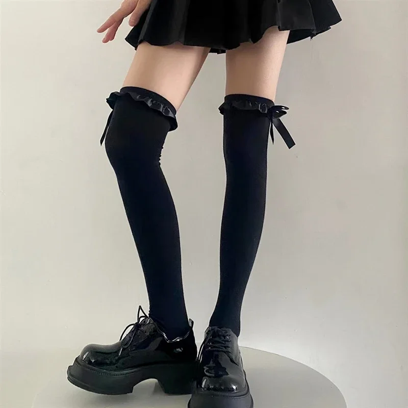 Lace Mesh Ruffles Stockings Women JK Japanese Style Bandage Bowknot Thigh High Stockings Lolita Sweet Girls Knee High Long Socks