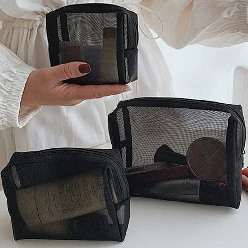 Bolsas de malla transparente para cosméticos, bolsa de maquillaje negra pequeña y grande, organizador de artículos de tocador portátil de viaje, bolsa de almacenamiento para lápiz labial, 1-3 piezas