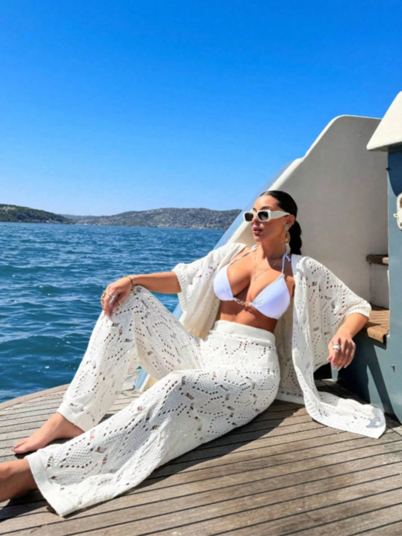 

White Knitted Beach Cover Up Set With Wide Leg Pants Boho Summer