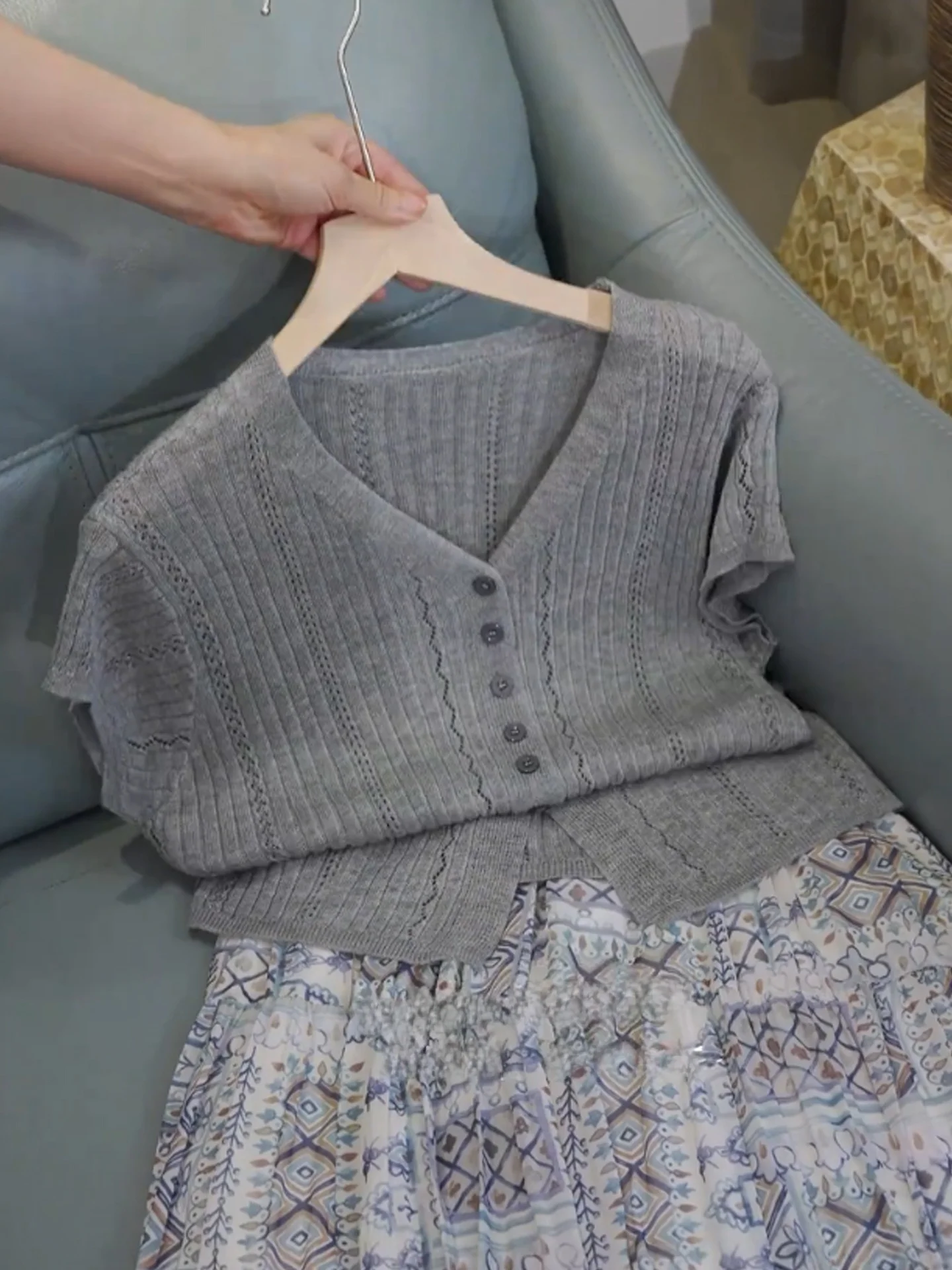 

Breathable ort Sve Knitted T-irt Single Button Casual Sle Summer Korean Version Loose Fit Sun Protection Cover up