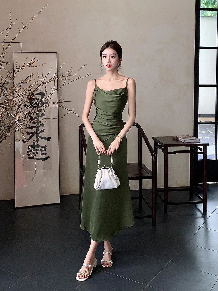 Elegant Green High-end Satin Long Dress Suspender Sleeveless Women\'s Slim Party Club Birthday Wedding