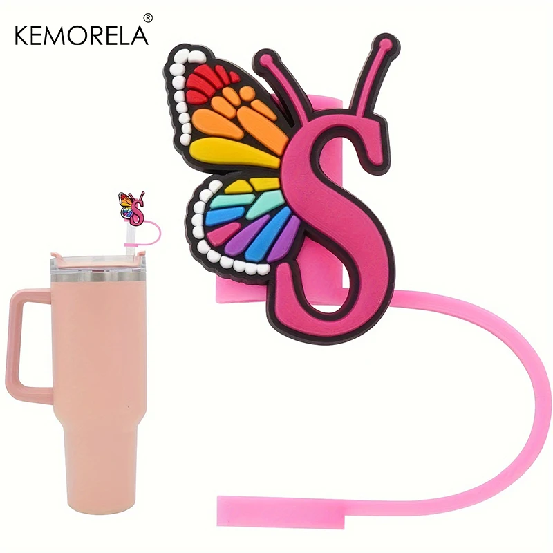 KEMORELA 1PC Straw Cover Cute Butterfly Letter Straw Topper,1.2cm/0.47in Silicone Cover,Compatible With 30&40Oz Cup With Straw