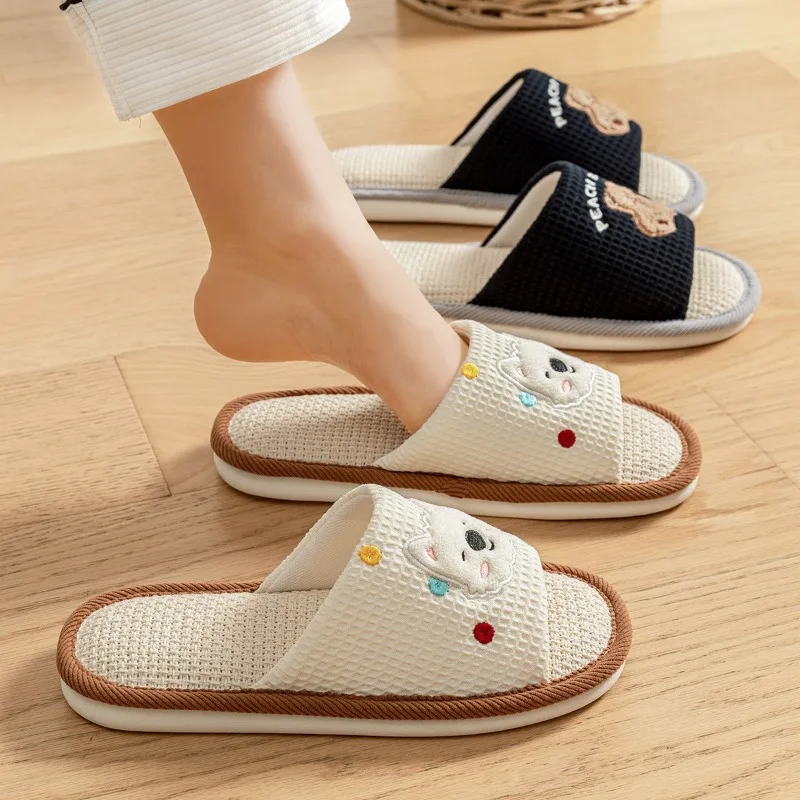 Home Linen Slippers Women's Four Season Sweat Absorbing Cotton Linen Cloth Slippers Cute and Casual PVC Toe Slippers Sandals