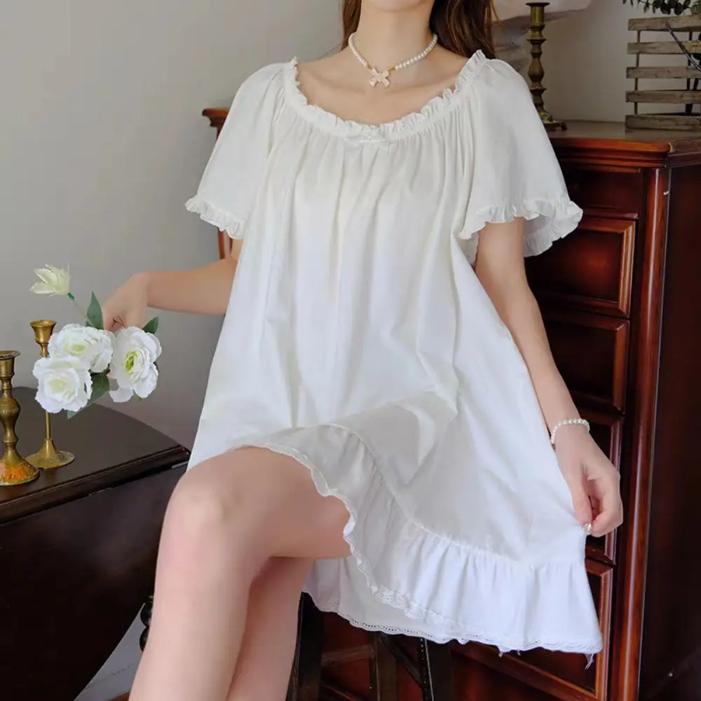 Modisches Damen-Pyjama-Kleid mit Schleife, Kurzarm, Locker Geschnitten, Rüschen-Nachthemd, Hauskleidung, Schlafanzug, Prinzessinnen-Nachthemd für Damen – Detail 2