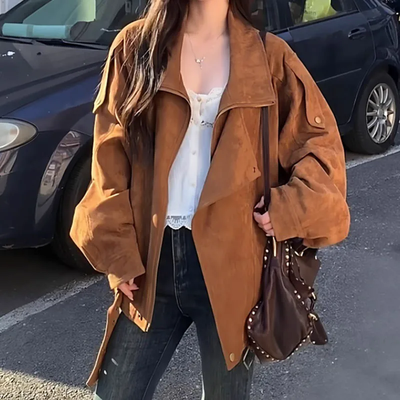 Girls Retro Suede Jacket 2026 Autumn Women Solid High Street Loose Silhouette Lapel Locomotive Casual Streetwear Jacke