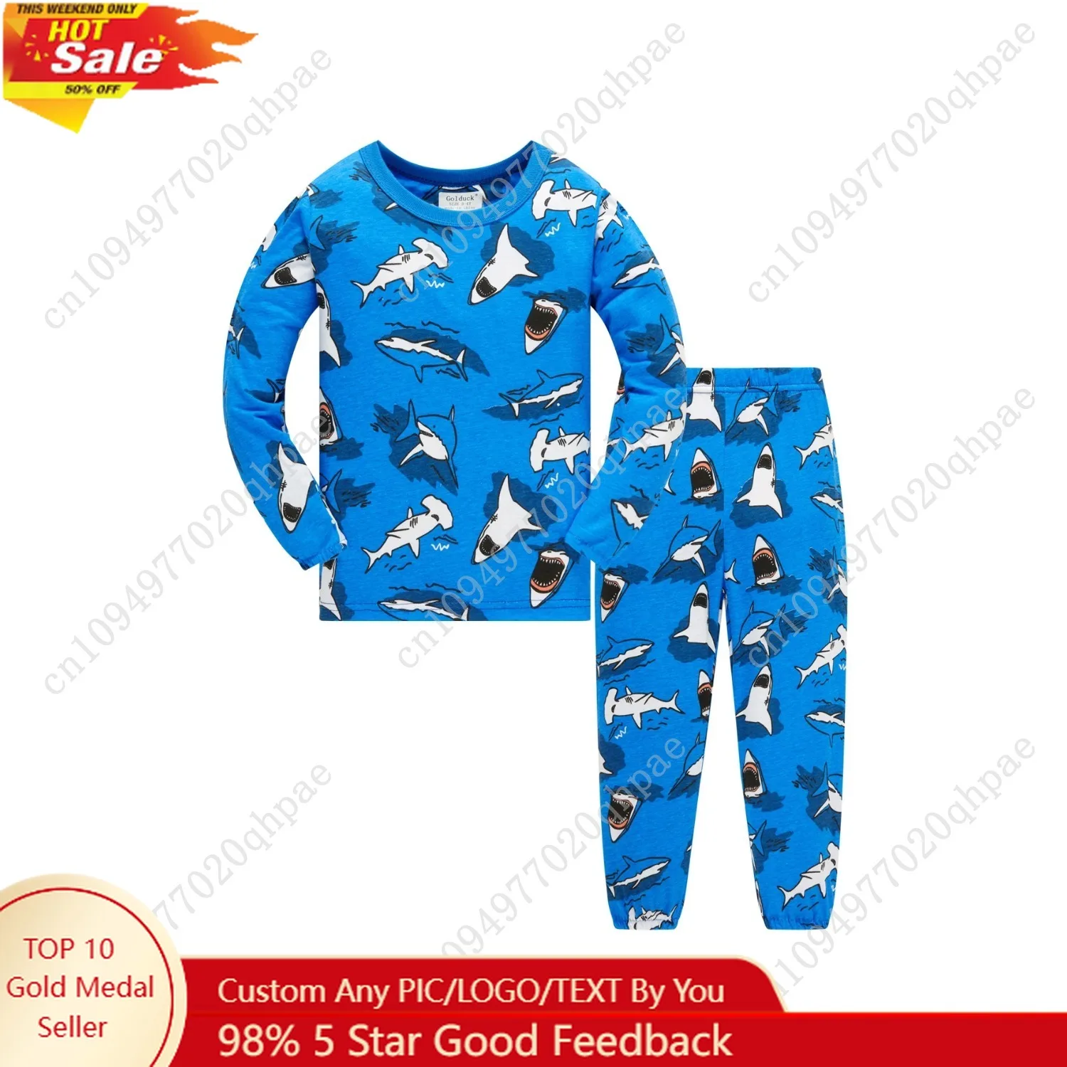 

Age 1-8 Kids Sleepwear 4 Seasons Cotton Full Print Cartoon Shark Pajamas Boys Daily Basic Long Sleeved Soft Loungwear Set