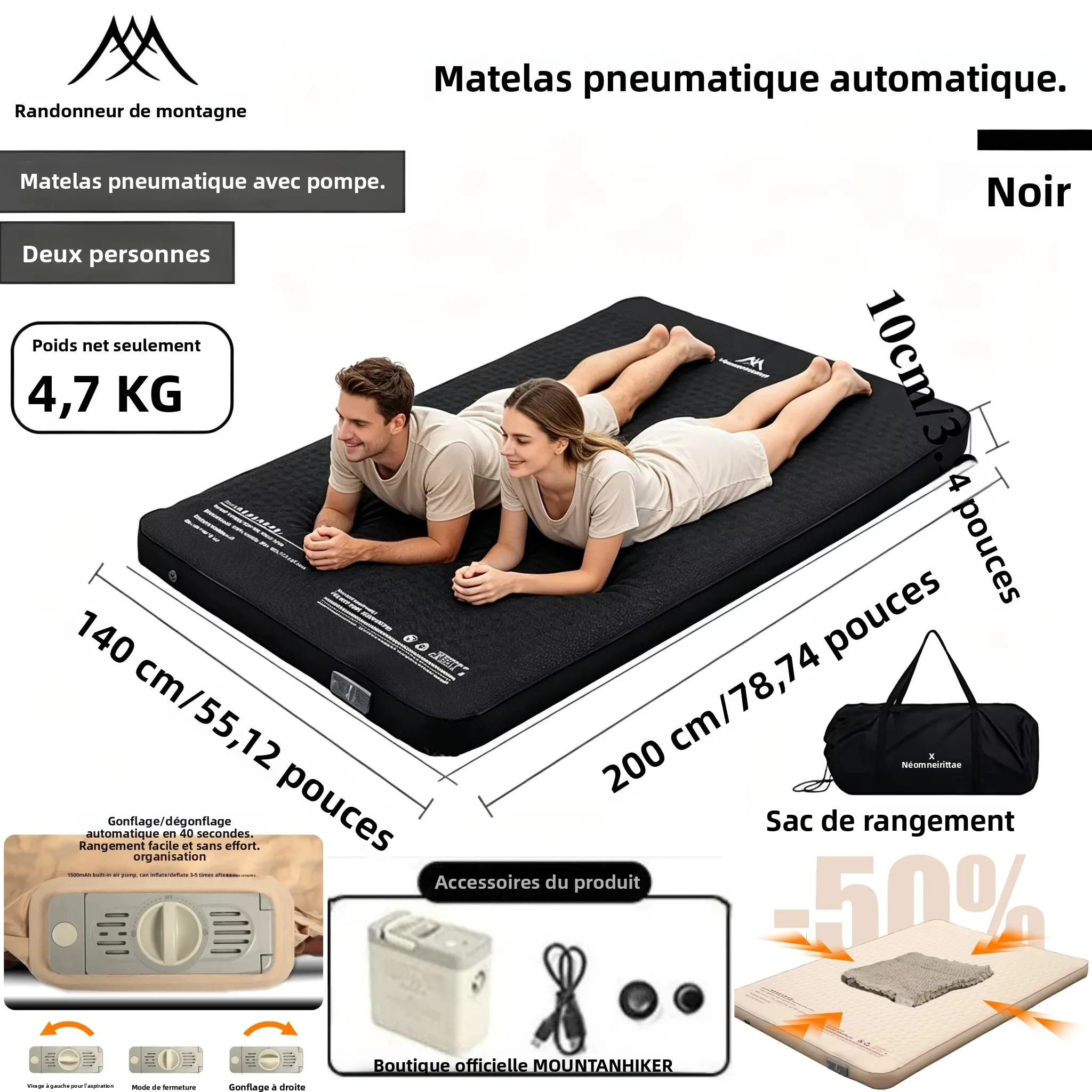 Matelas Gonflable MOUNTAINHIKER, Lit de Camping, Pompe à Air, Coussin Ultraléger, Tapis de Couchage, Lit d'Air Connectable, Canapé en Mousse