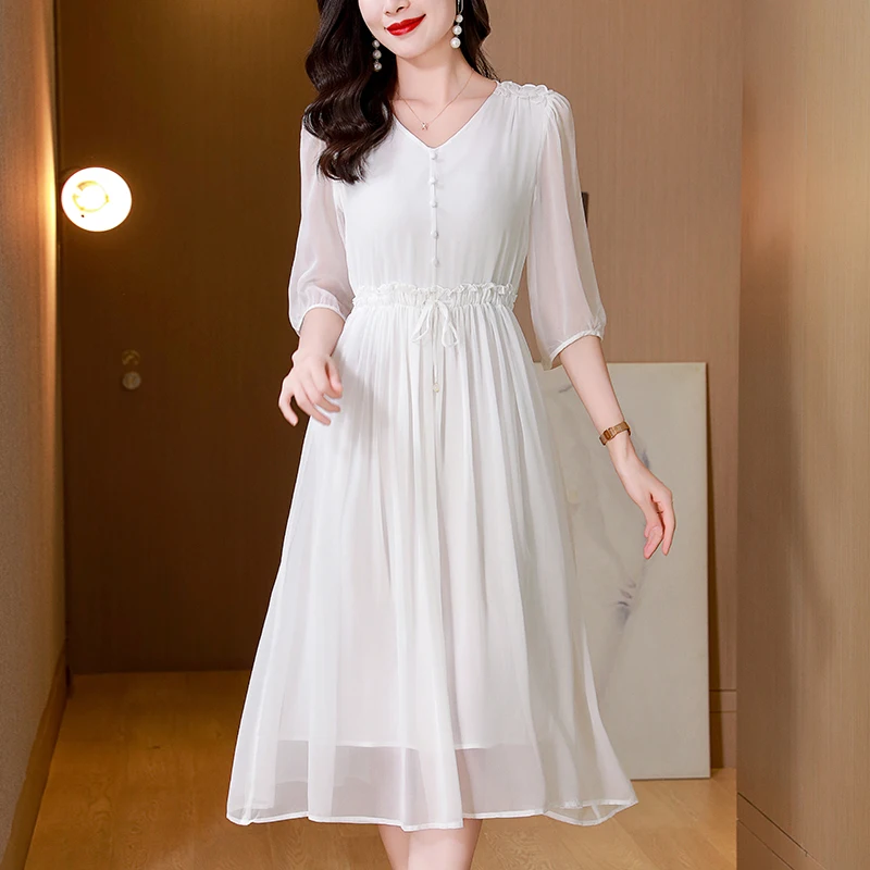 

Elegant Fashion Dresses For Women Summer V-neck Three Quarter Sleeve Women's Solid Dress A-line 100% Real Silk Woman Long Dress