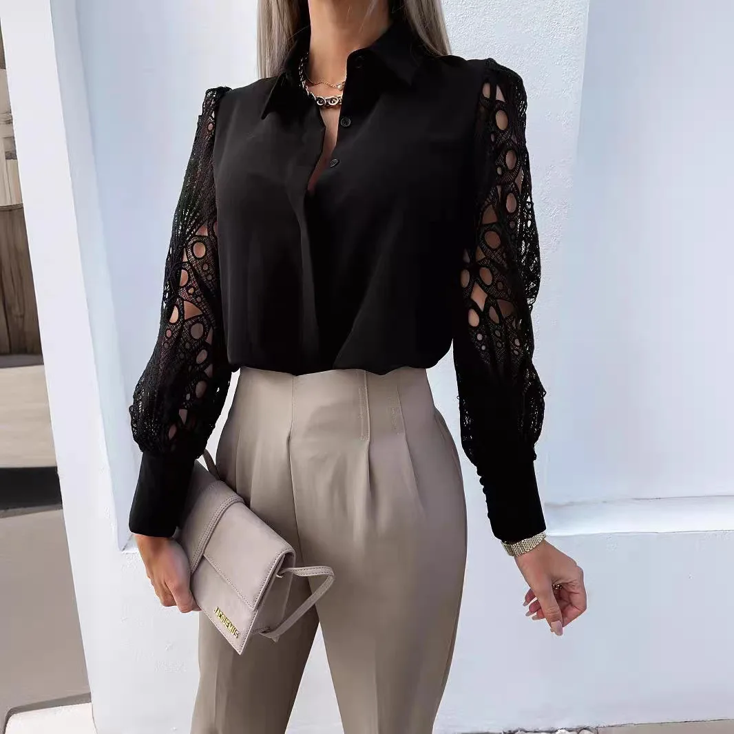 봄 여름 여성 턴 칼라 레이스 긴 소매 블라우스 셔츠 우아한 패치 워크 민족 스타일 블랙 화이트 셔츠 여성용