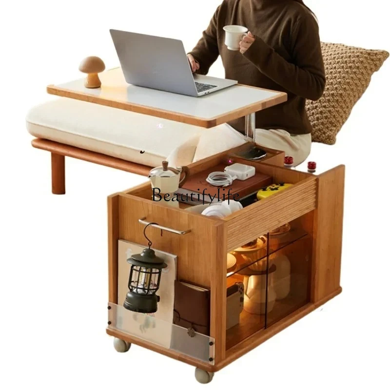 solid wood liftable coffee table cherry wood rock slab mobile trolley sofa side table tea storage side cabinet