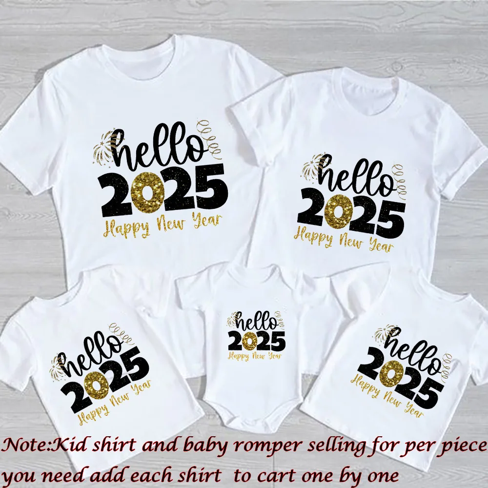 Happy New Year Hello 2025 Family Matching Outfits Daddy Mommy Kids T-shirt Baby Romper Family Shirts New Year Family Clothes