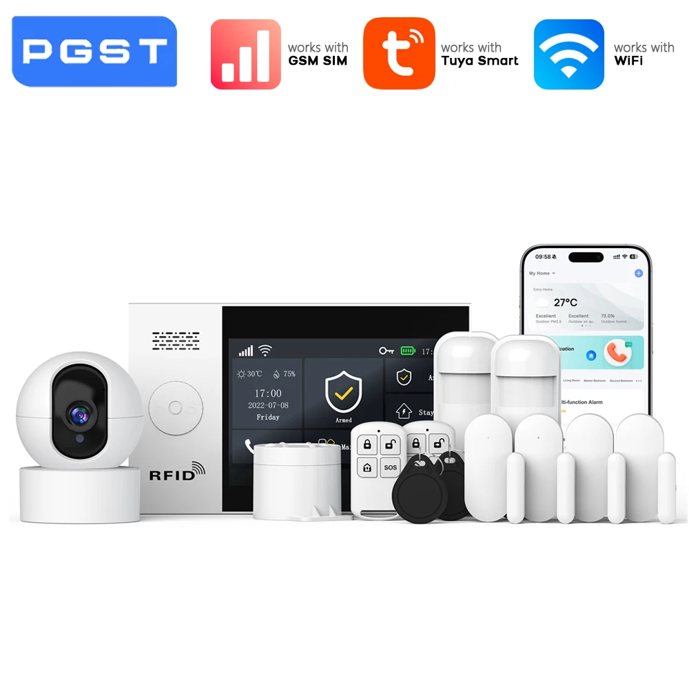 

Беспроводная система сигнализации PGST Tuya WiFi GSM с IP-камерой 1080P, детектором движения и поддержкой Alexa Google