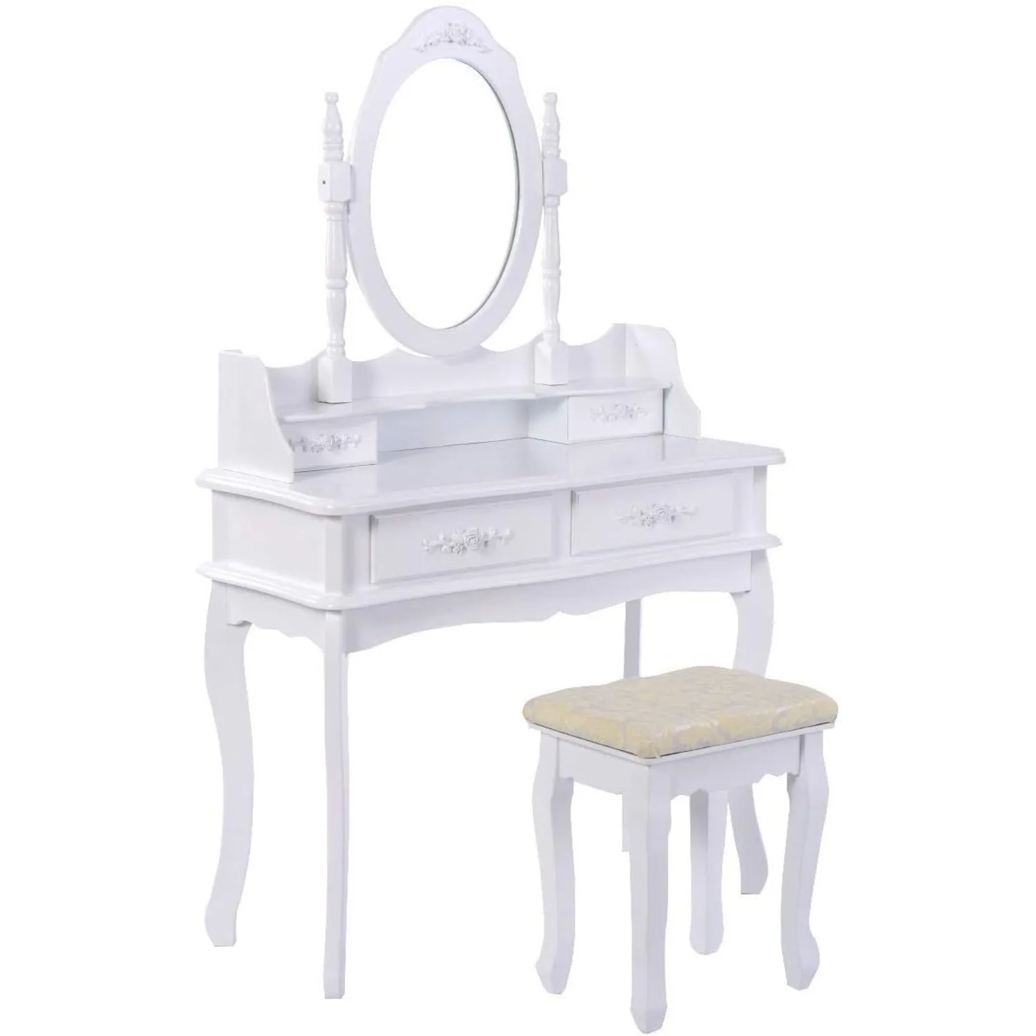 White Vanity Jewelry Makeup Dressing Table Set W/Stool 4 Drawer Mirror Wood Desk（15.75