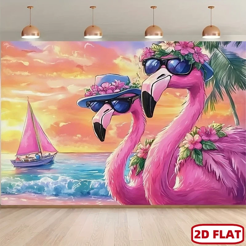 2D Flat, 1pc Large Tropical Flamingo Beach Backdrop with Fashion Glasses & Hats - Flamingos, Sunset Palm for party Decor - Durab