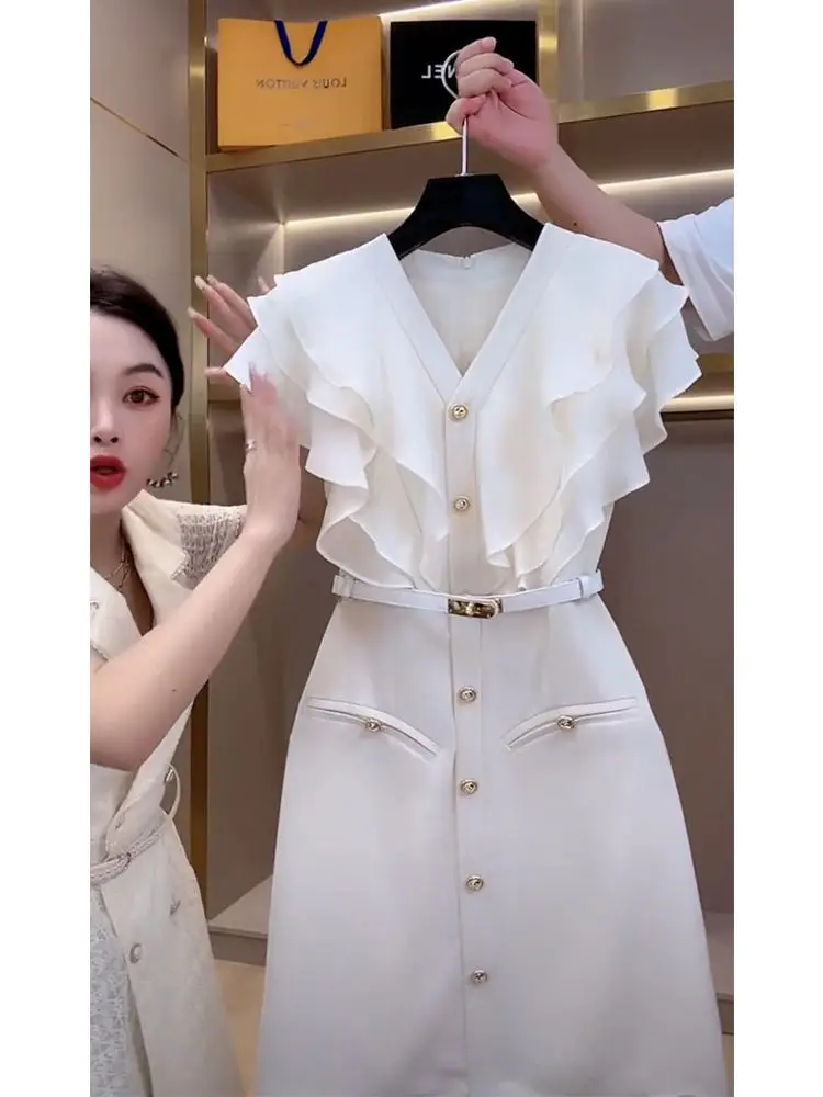 Fake two-piece white dress female summer high sense ruffled V-neck A-bag hip skirt temperament socialite high sense